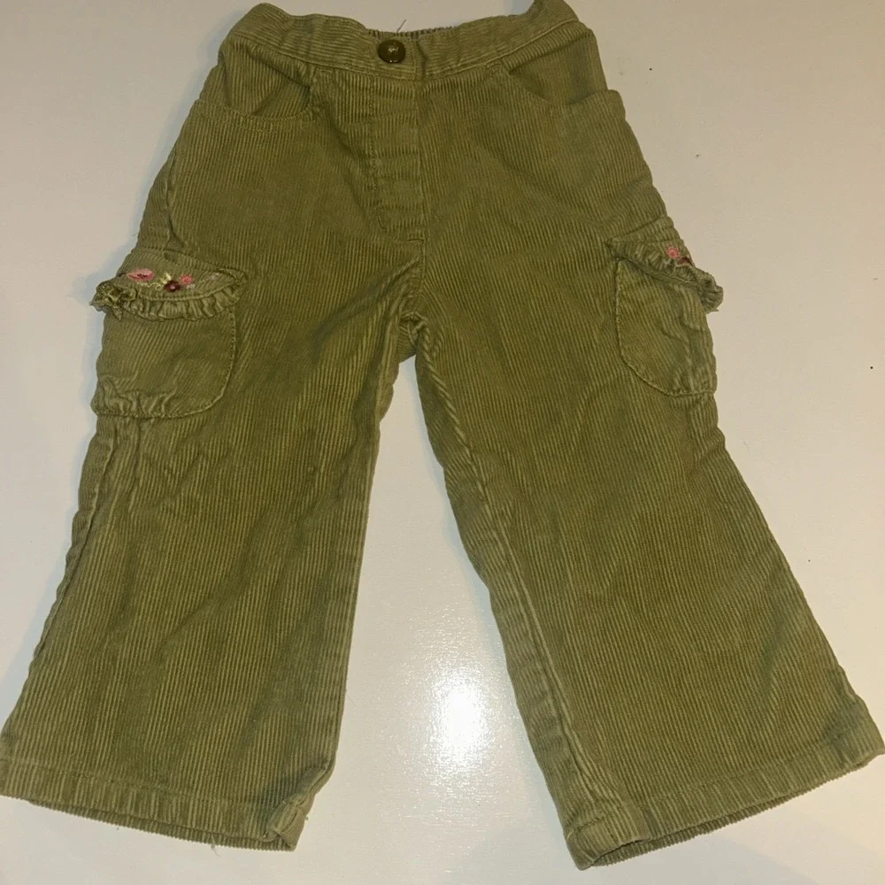 Vintage Gymboree Corduroy Cargo Pants 18-24M Olive Green Floral Y2K Ruffle